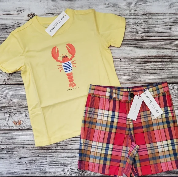 Janie and Jack Lobster Print T-Shirt and Plaid Shorts Outfit NWT - Picture 2 of 10